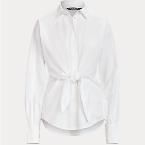 Lauren Ralph Lauren Cotton Puffed Long Sleeves Button Down Self-Tie Front Shirt - Picture 2 of 15